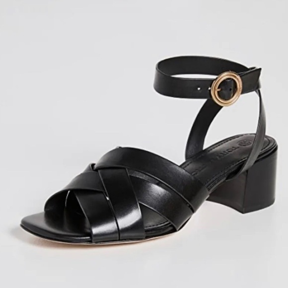 TORY BURCH BLACK LEATHER CITY HEELS - Picture 1 of 10